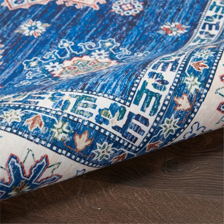 8' Ivory and Blue Oriental Distressed Non Skid Runner Rug