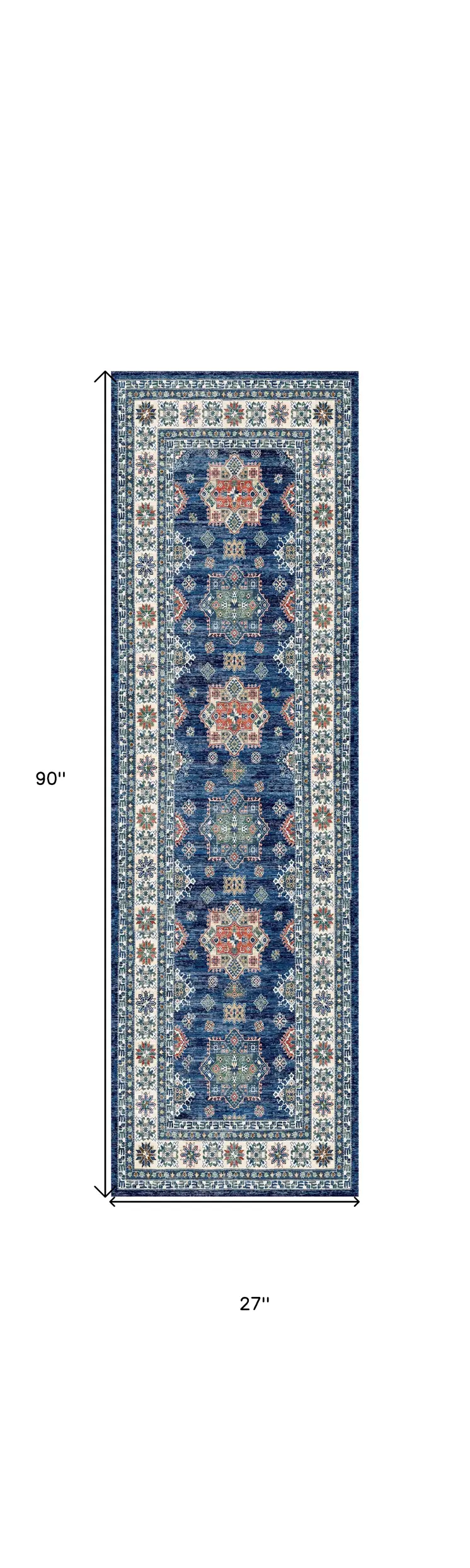 8' Ivory and Blue Oriental Distressed Non Skid Runner Rug