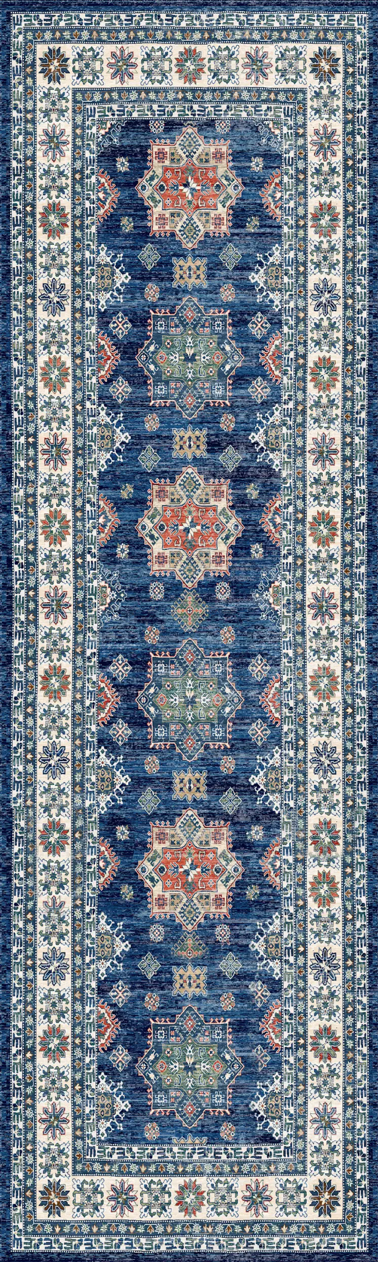 8' Ivory and Blue Oriental Distressed Non Skid Runner Rug