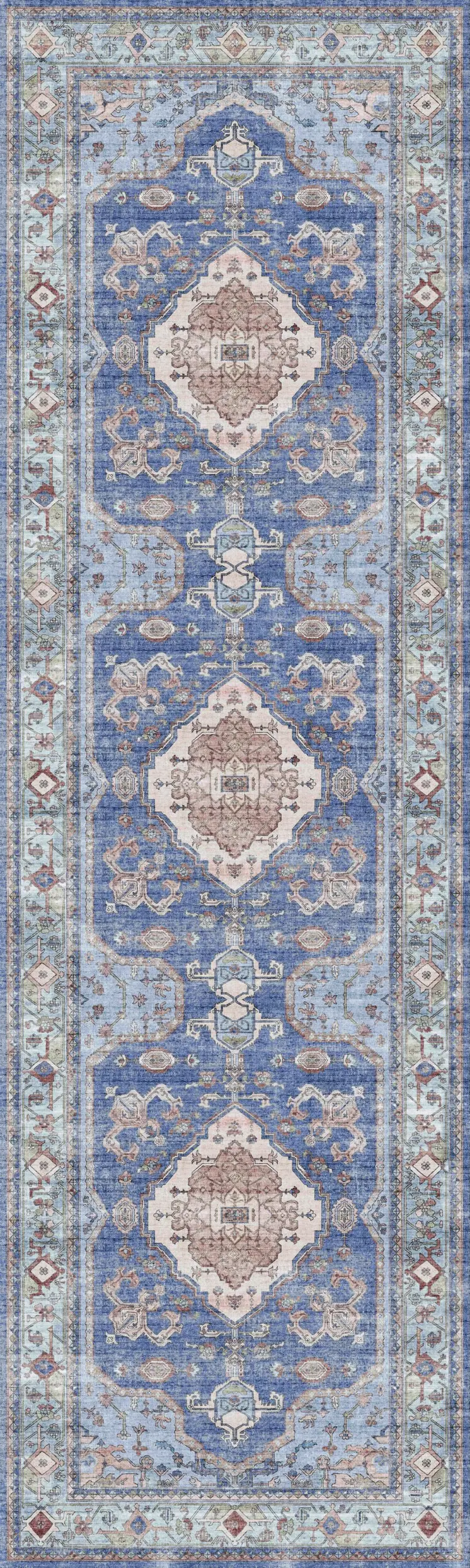 8' Ivory Red and Blue Oriental Distressed Non Skid Runner Rug