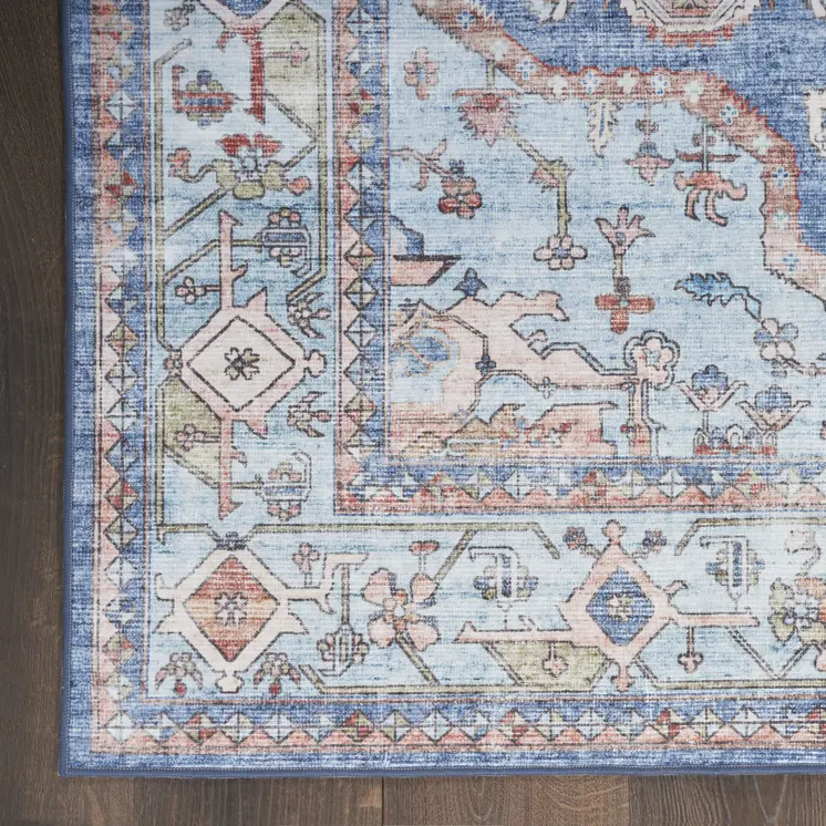 8' Ivory Red and Blue Oriental Distressed Non Skid Runner Rug