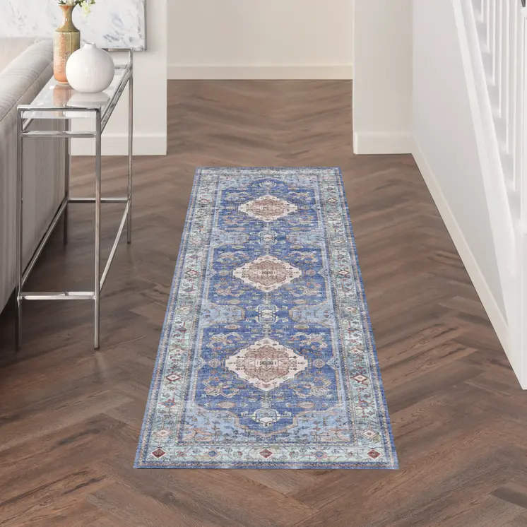 8' Ivory Red and Blue Oriental Distressed Non Skid Runner Rug