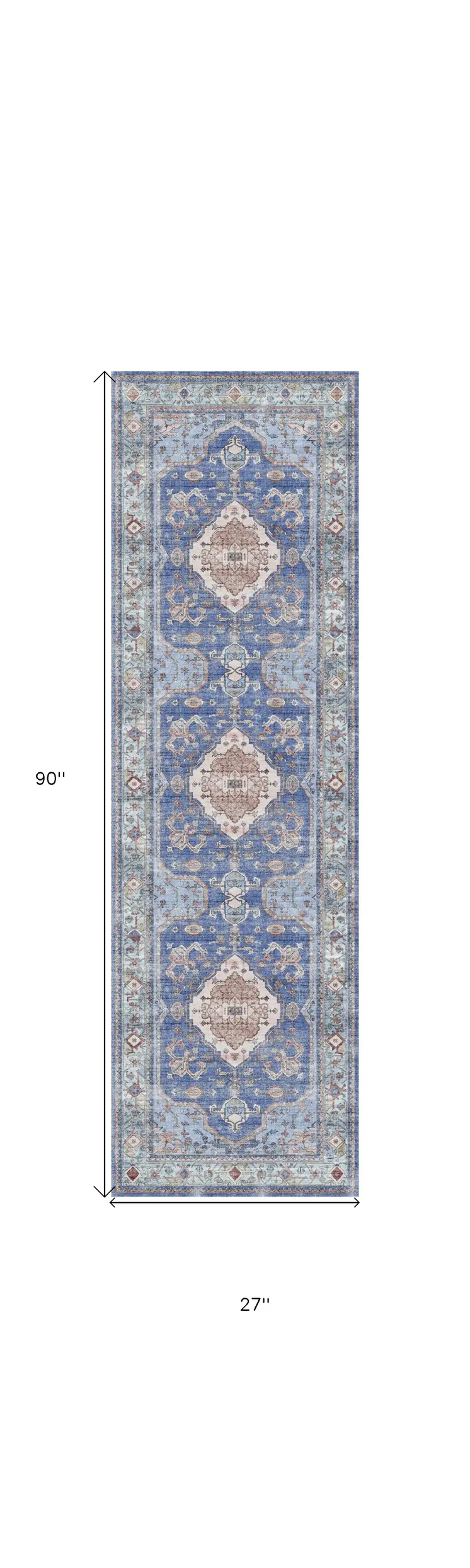 8' Ivory Red and Blue Oriental Distressed Non Skid Runner Rug