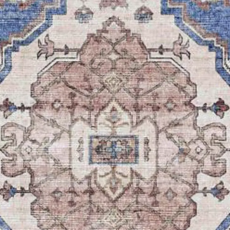 8' Ivory Red and Blue Oriental Distressed Non Skid Runner Rug