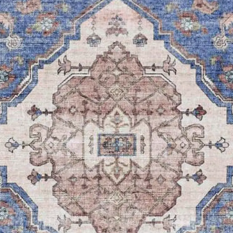 8' Ivory Red and Blue Oriental Distressed Non Skid Runner Rug