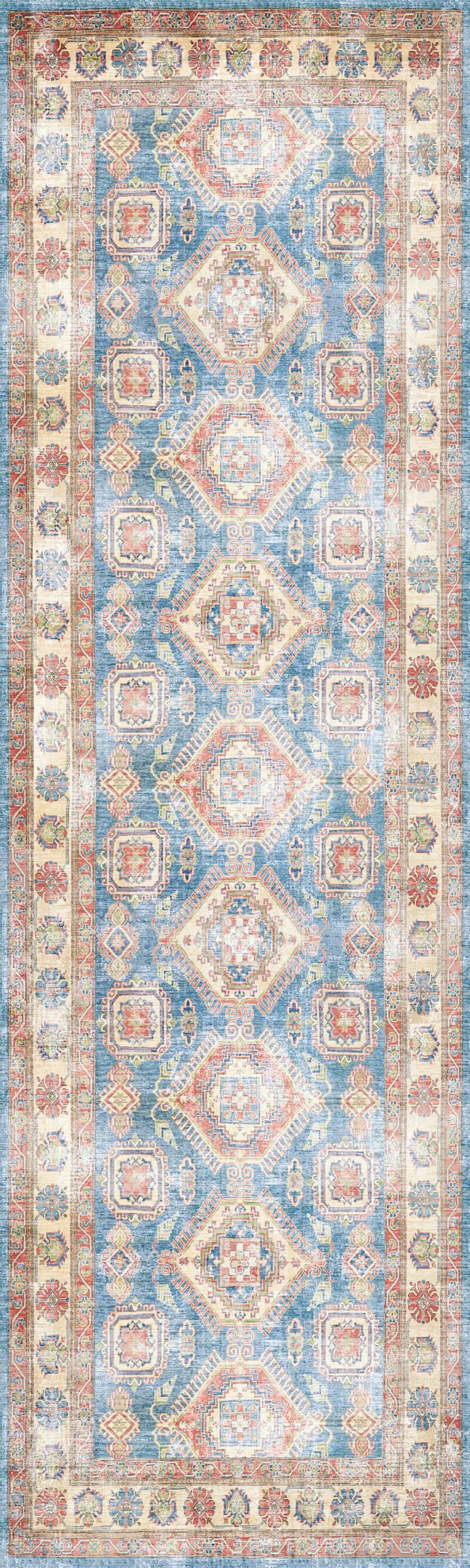 8' Ivory Red and Blue Oriental Distressed Non Skid Runner Rug