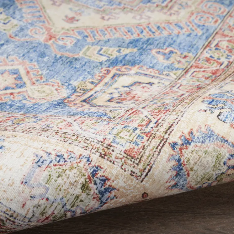 8' Ivory Red and Blue Oriental Distressed Non Skid Runner Rug