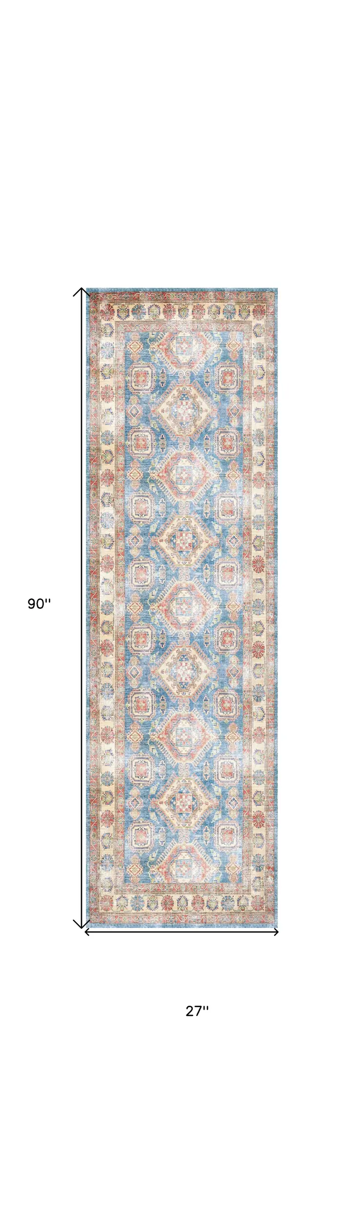 8' Ivory Red and Blue Oriental Distressed Non Skid Runner Rug