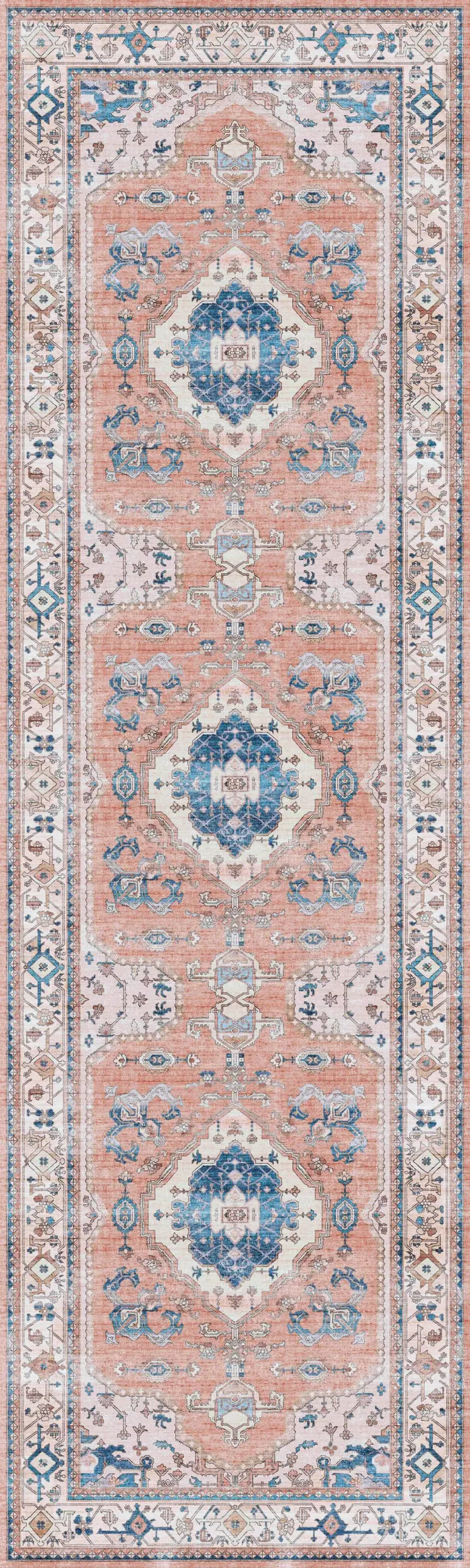 8' Ivory Blue and Coral Oriental Distressed Non Skid Runner Rug