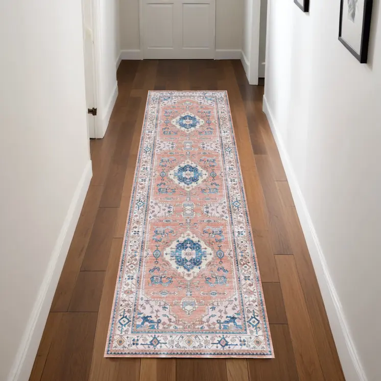 8' Ivory Blue and Coral Oriental Distressed Non Skid Runner Rug