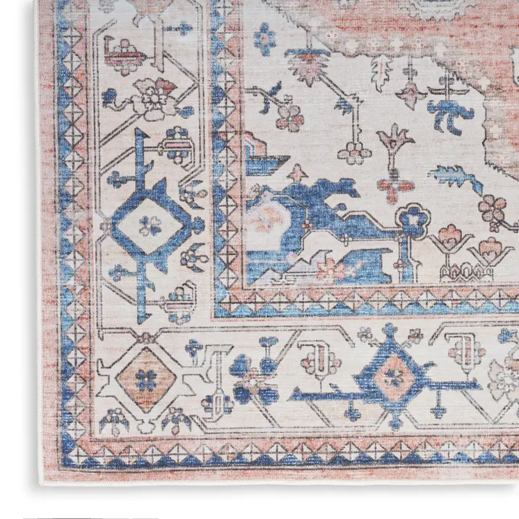 8' Ivory Blue and Coral Oriental Distressed Non Skid Runner Rug