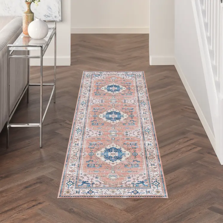 8' Ivory Blue and Coral Oriental Distressed Non Skid Runner Rug
