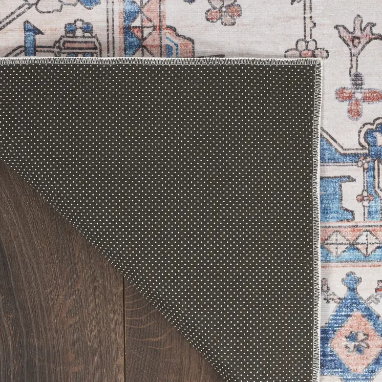 8' Ivory Blue and Coral Oriental Distressed Non Skid Runner Rug