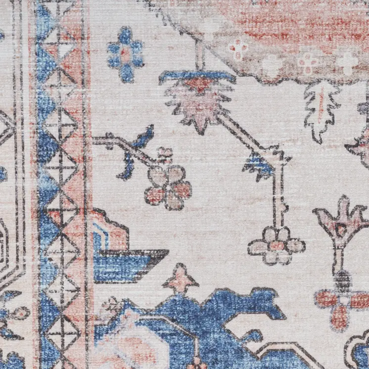 8' Ivory Blue and Coral Oriental Distressed Non Skid Runner Rug