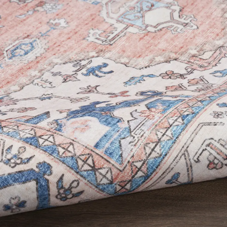 8' Ivory Blue and Coral Oriental Distressed Non Skid Runner Rug
