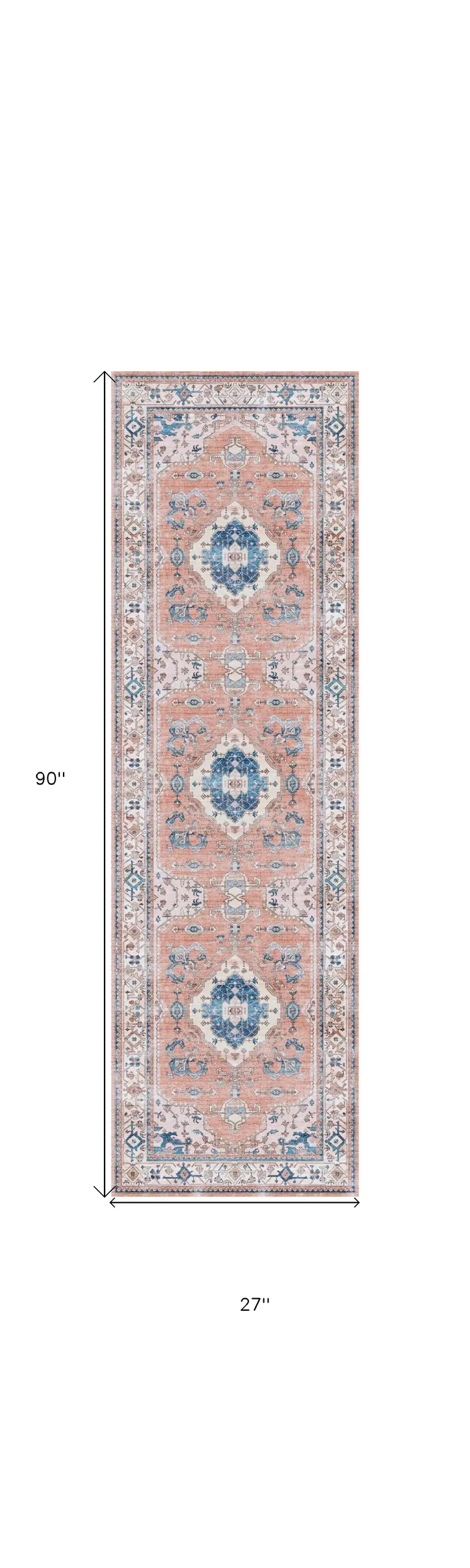 8' Ivory Blue and Coral Oriental Distressed Non Skid Runner Rug