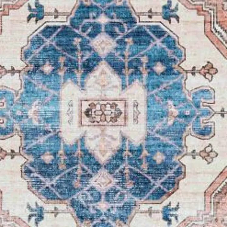 8' Ivory Blue and Coral Oriental Distressed Non Skid Runner Rug