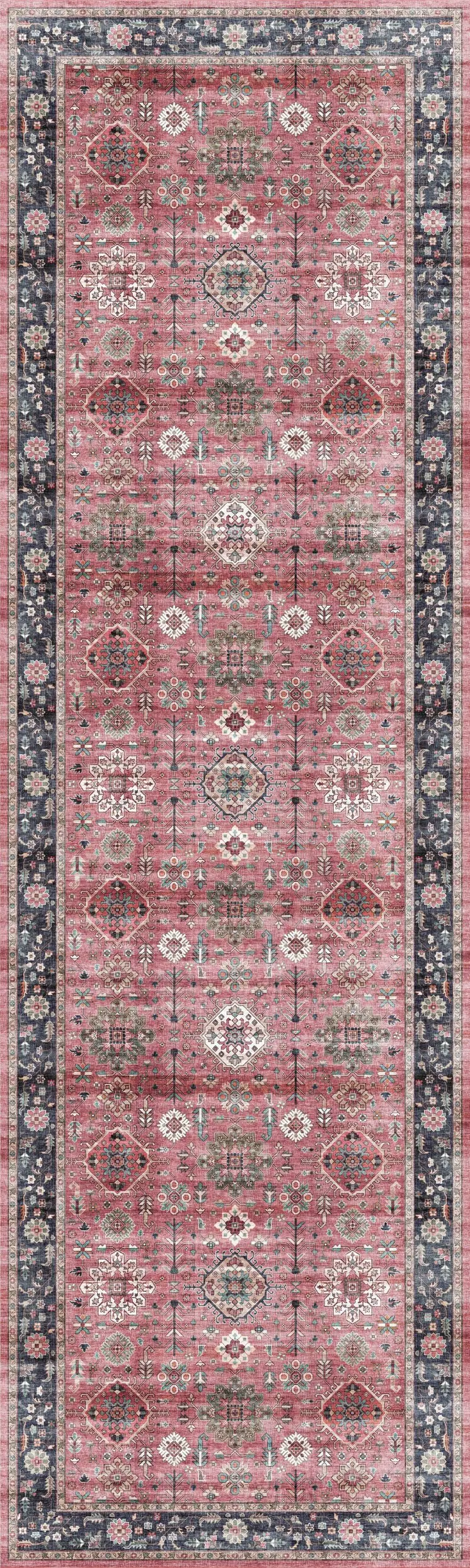 8' Brick Red and Black Oriental Distressed Non Skid Runner Rug