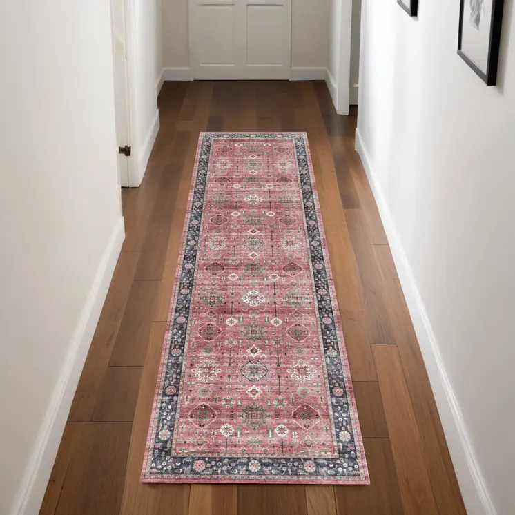 8' Brick Red and Black Oriental Distressed Non Skid Runner Rug