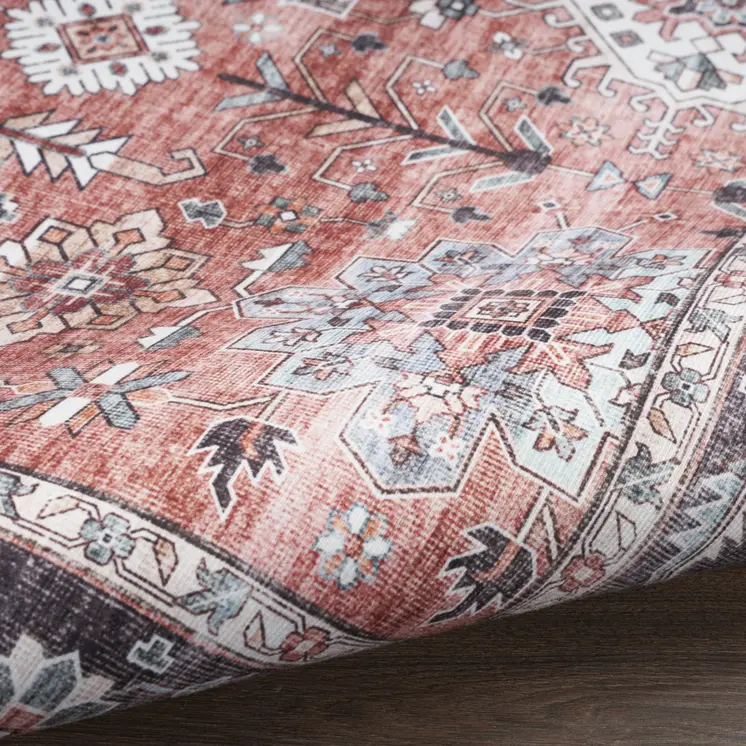 8' Brick Red and Black Oriental Distressed Non Skid Runner Rug