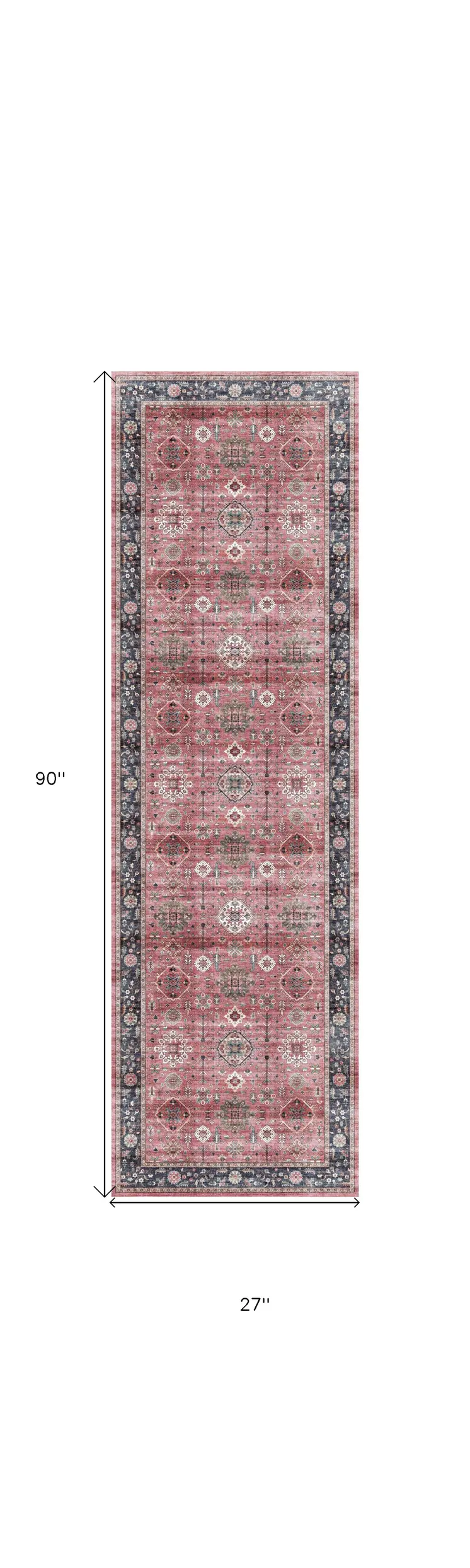 8' Brick Red and Black Oriental Distressed Non Skid Runner Rug