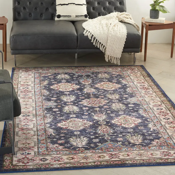 5' X 7' Blue and Ivory Oriental Distressed Non Skid Area Rug