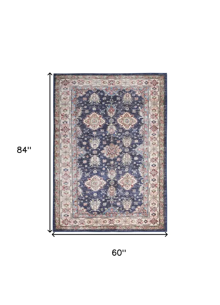5' X 7' Blue and Ivory Oriental Distressed Non Skid Area Rug