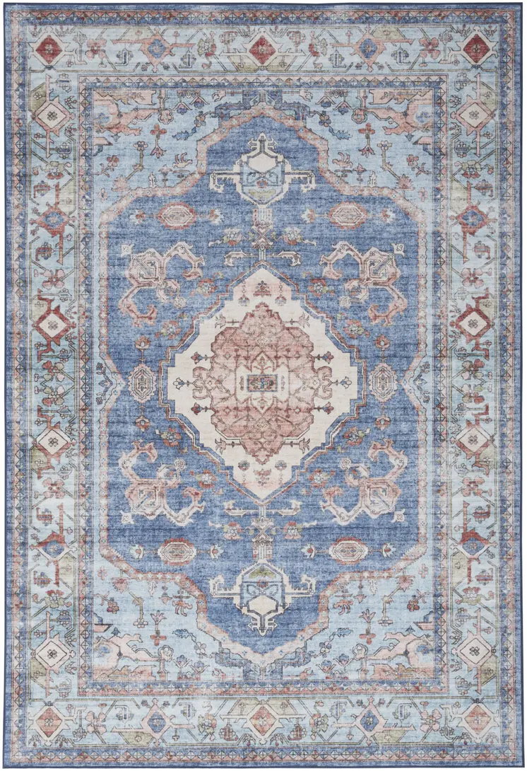5' X 7' Ivory Red and Blue Oriental Distressed Non Skid Area Rug