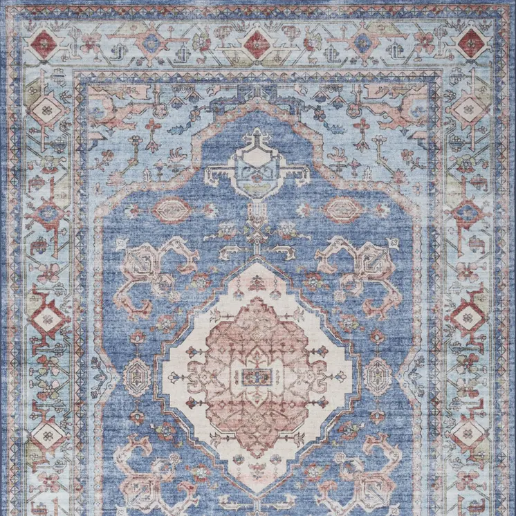5' X 7' Ivory Red and Blue Oriental Distressed Non Skid Area Rug