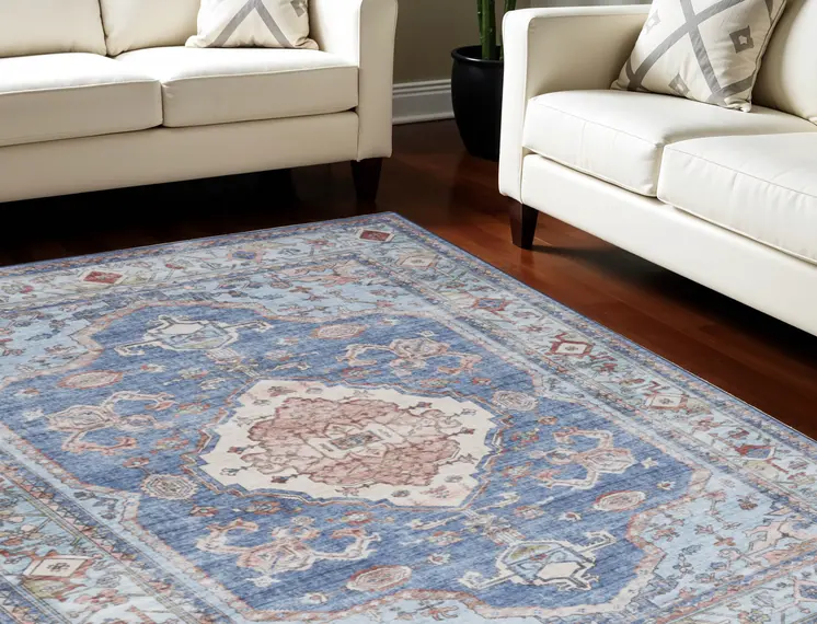 5' X 7' Ivory Red and Blue Oriental Distressed Non Skid Area Rug