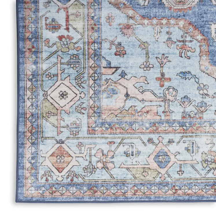 5' X 7' Ivory Red and Blue Oriental Distressed Non Skid Area Rug