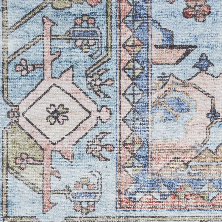 5' X 7' Ivory Red and Blue Oriental Distressed Non Skid Area Rug
