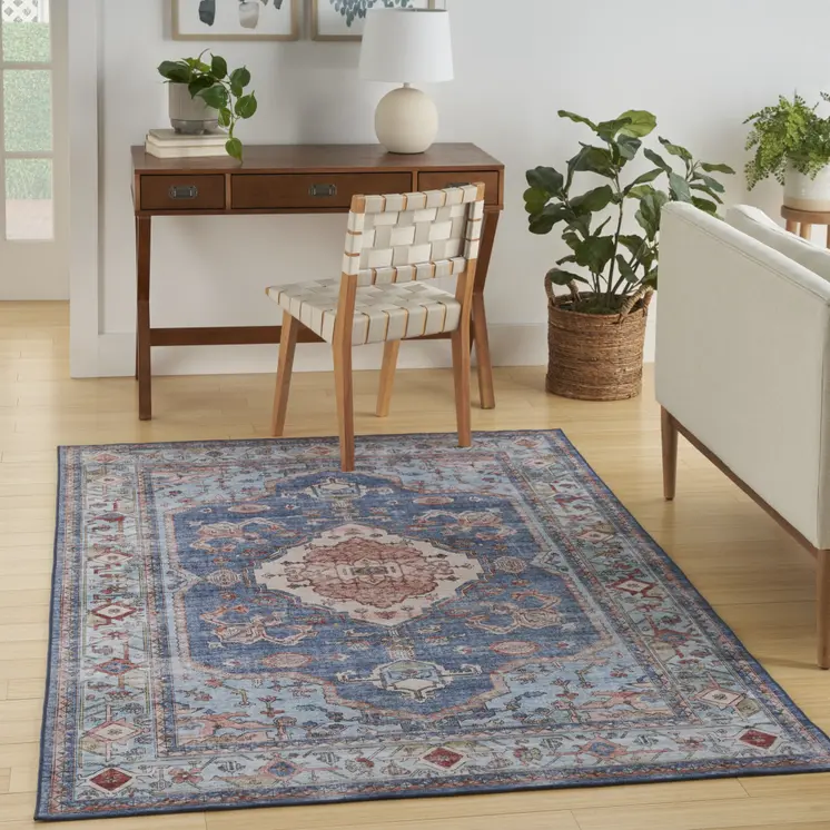 5' X 7' Ivory Red and Blue Oriental Distressed Non Skid Area Rug