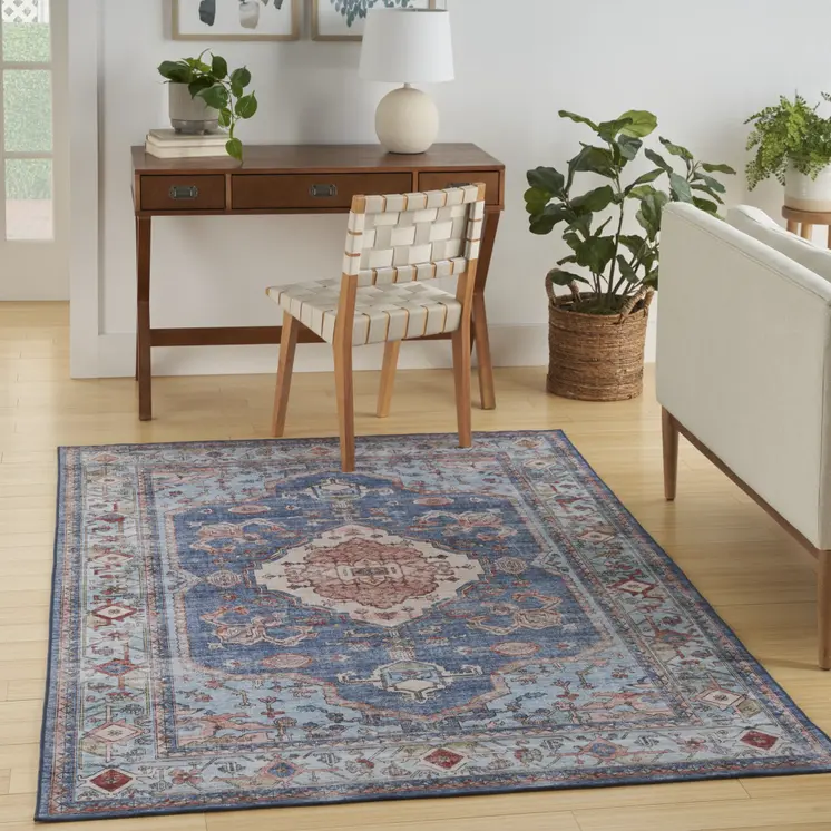 5' X 7' Ivory Red and Blue Oriental Distressed Non Skid Area Rug