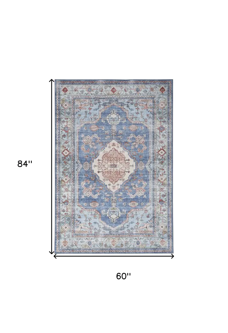 5' X 7' Ivory Red and Blue Oriental Distressed Non Skid Area Rug