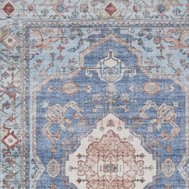 5' X 7' Ivory Red and Blue Oriental Distressed Non Skid Area Rug