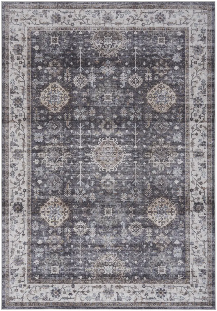 5' X 7' Charcoal and Ivory Oriental Distressed Non Skid Area Rug