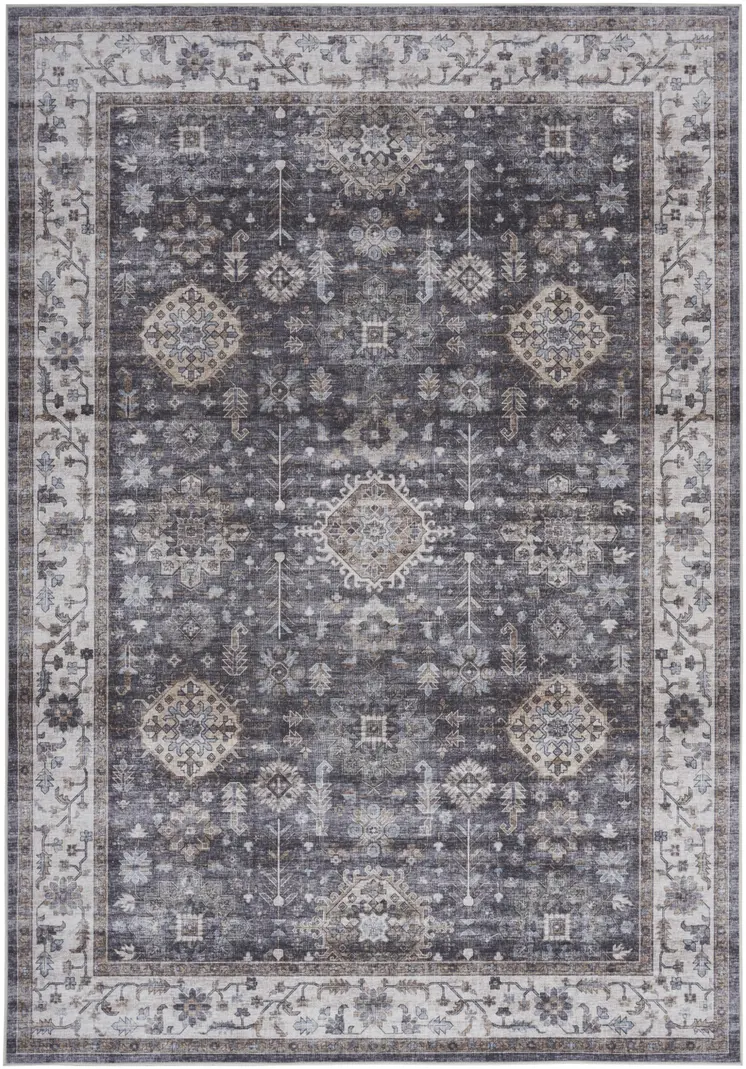 5' X 7' Charcoal and Ivory Oriental Distressed Non Skid Area Rug