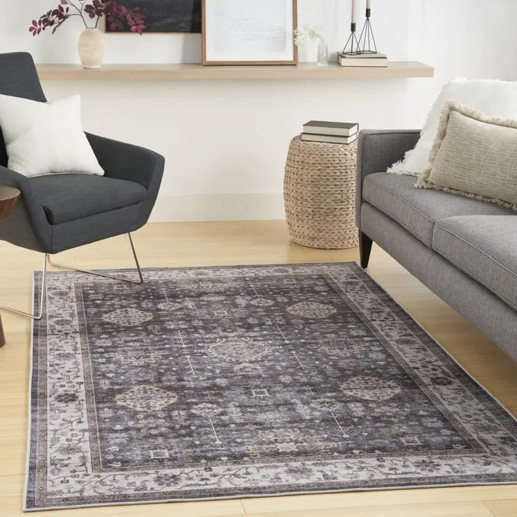 5' X 7' Charcoal and Ivory Oriental Distressed Non Skid Area Rug