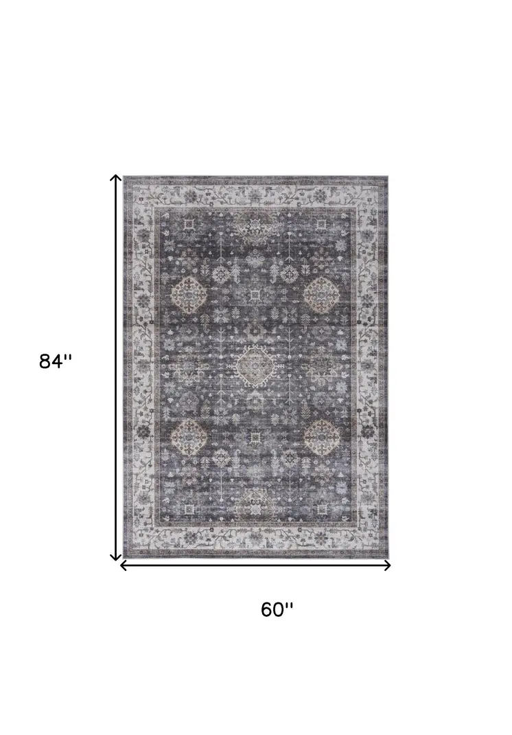 5' X 7' Charcoal and Ivory Oriental Distressed Non Skid Area Rug