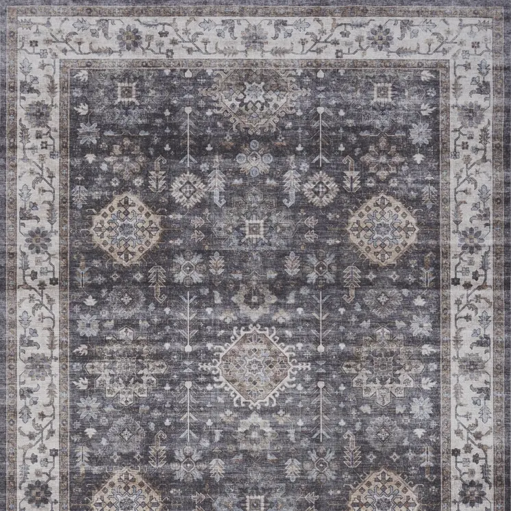 5' X 7' Charcoal and Ivory Oriental Distressed Non Skid Area Rug