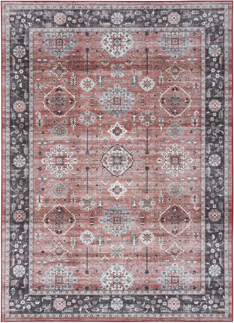 5' X 7' Brick Red and Black Oriental Distressed Non Skid Area Rug