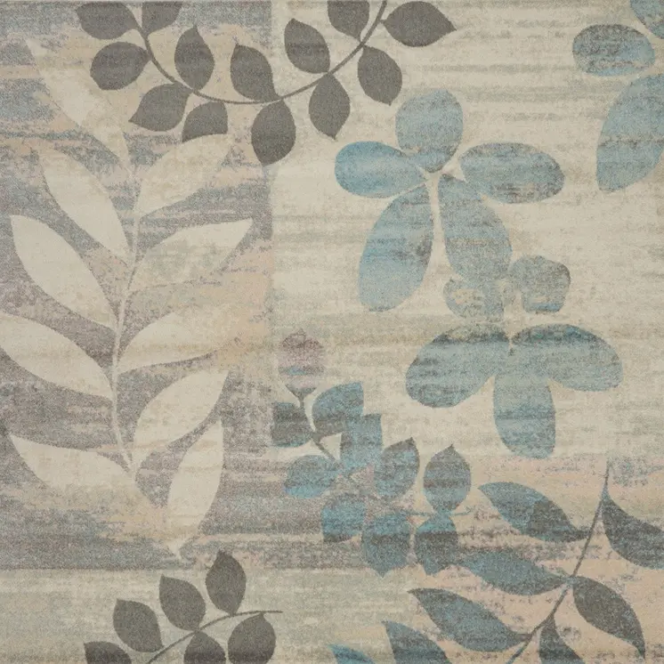 7' X 10' Ivory Gray And Blue Botanical Leaves Area Rug