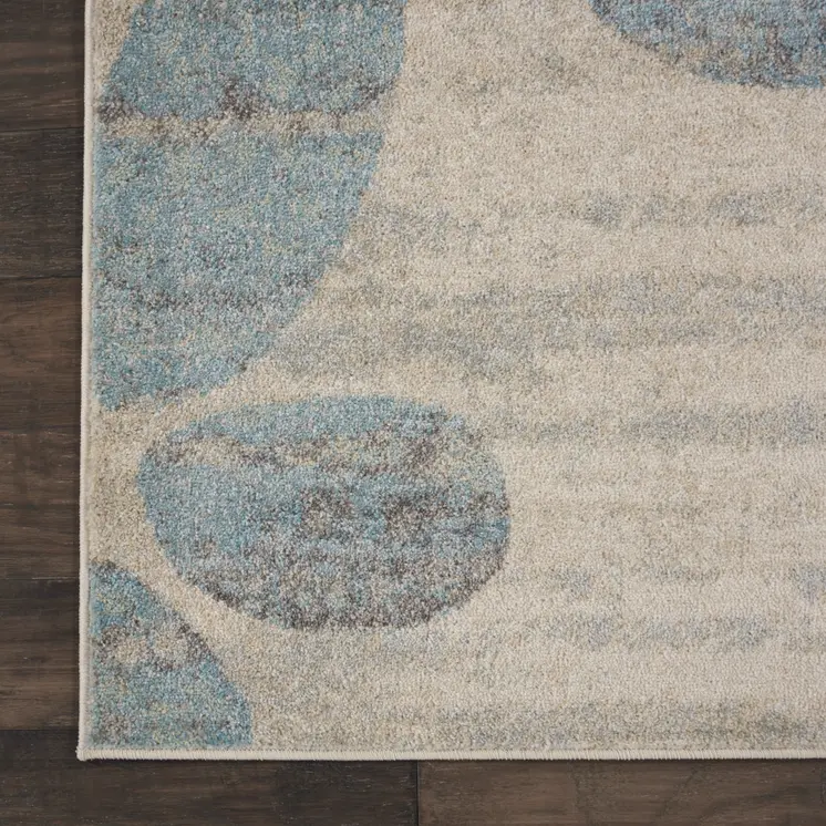 7' X 10' Ivory Gray And Blue Botanical Leaves Area Rug
