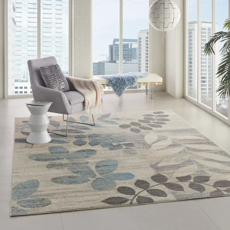 7' X 10' Ivory Gray And Blue Botanical Leaves Area Rug