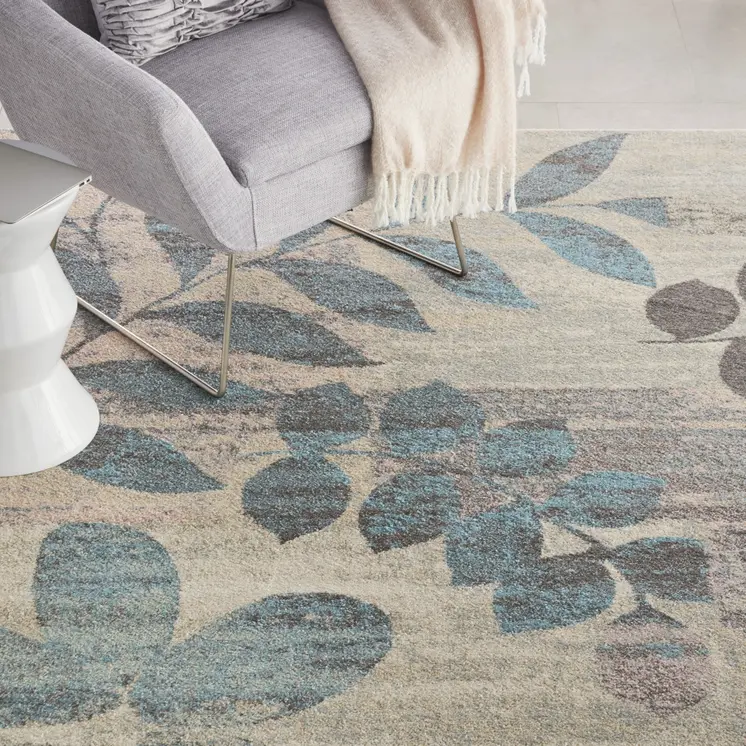 7' X 10' Ivory Gray And Blue Botanical Leaves Area Rug
