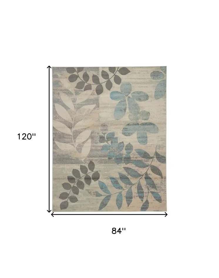 7' X 10' Ivory Gray And Blue Botanical Leaves Area Rug