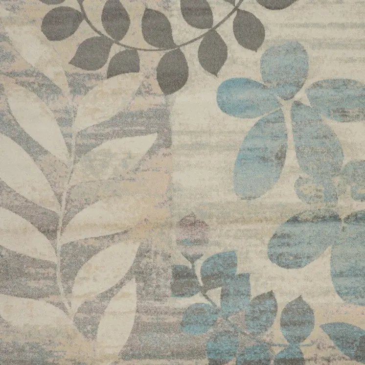 7' X 10' Ivory Gray And Blue Botanical Leaves Area Rug