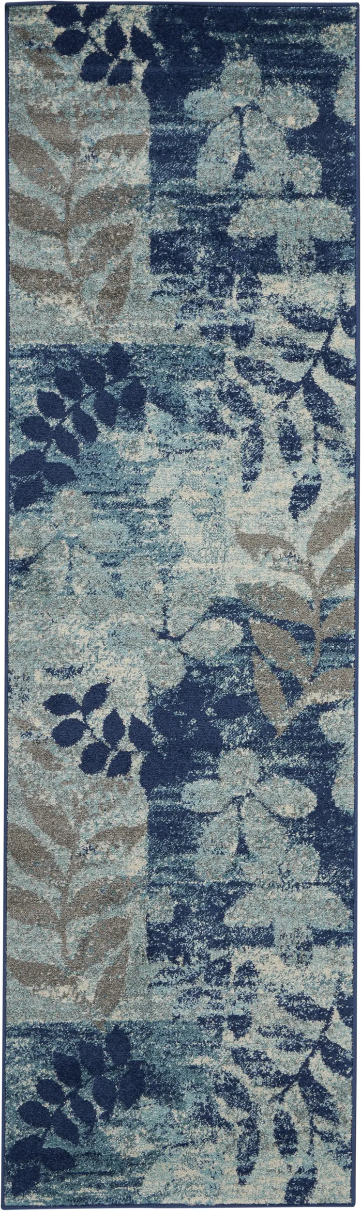 7' Navy Blue Light Blue and Gray Botanical Leaves Runner Rug