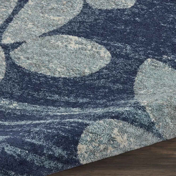 7' Navy Blue Light Blue and Gray Botanical Leaves Runner Rug